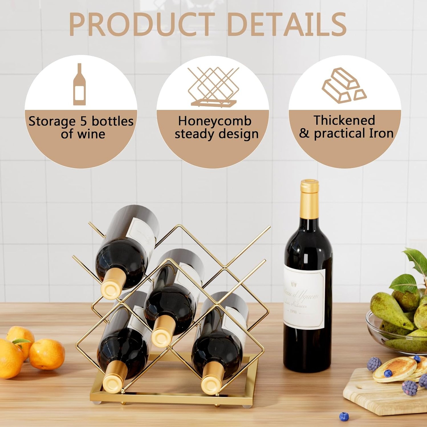 Urban Deco 5-Bottle Gold Countertop Wine Rack