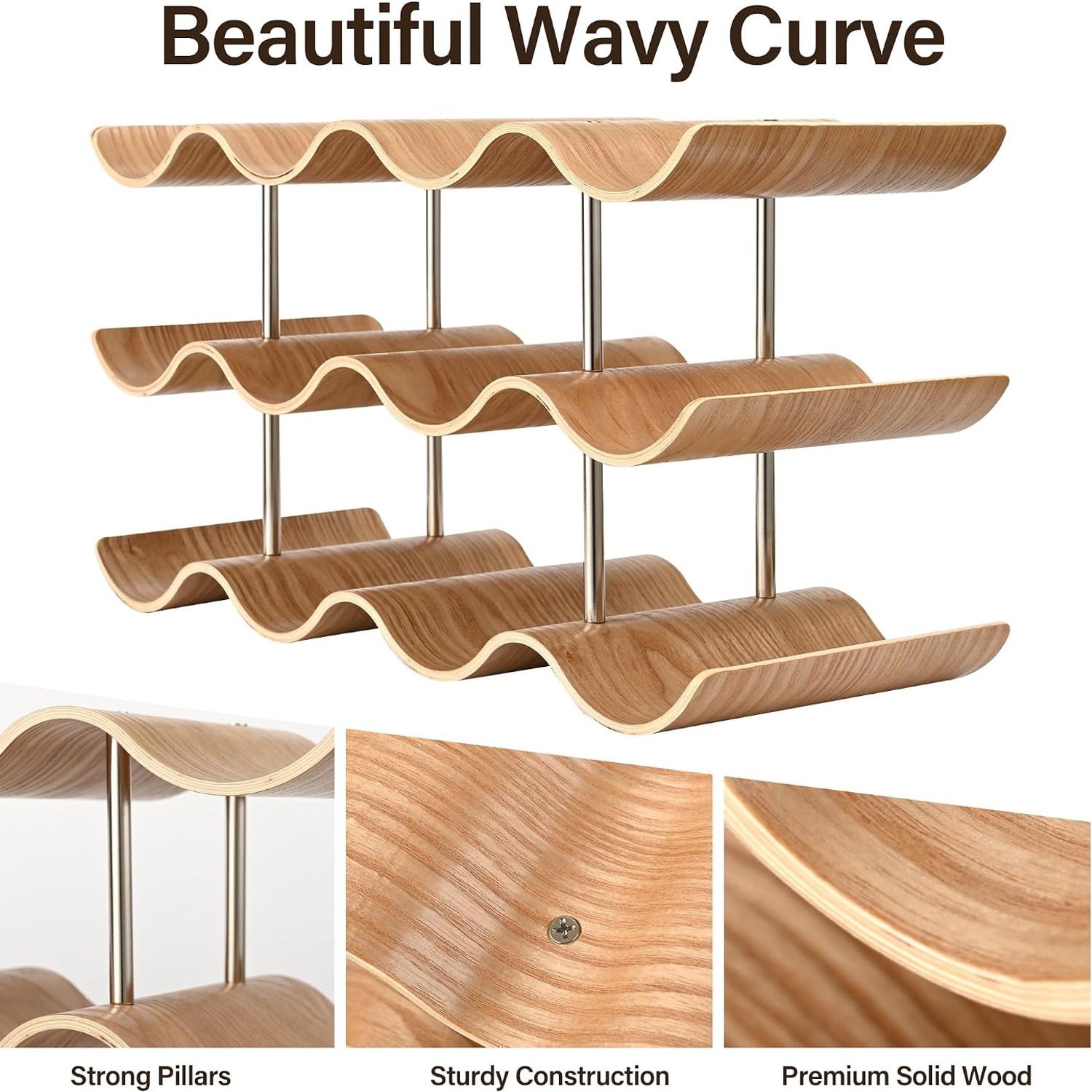 Wavy Wooden 12 Bottle Countertop Wine Rack: image 3