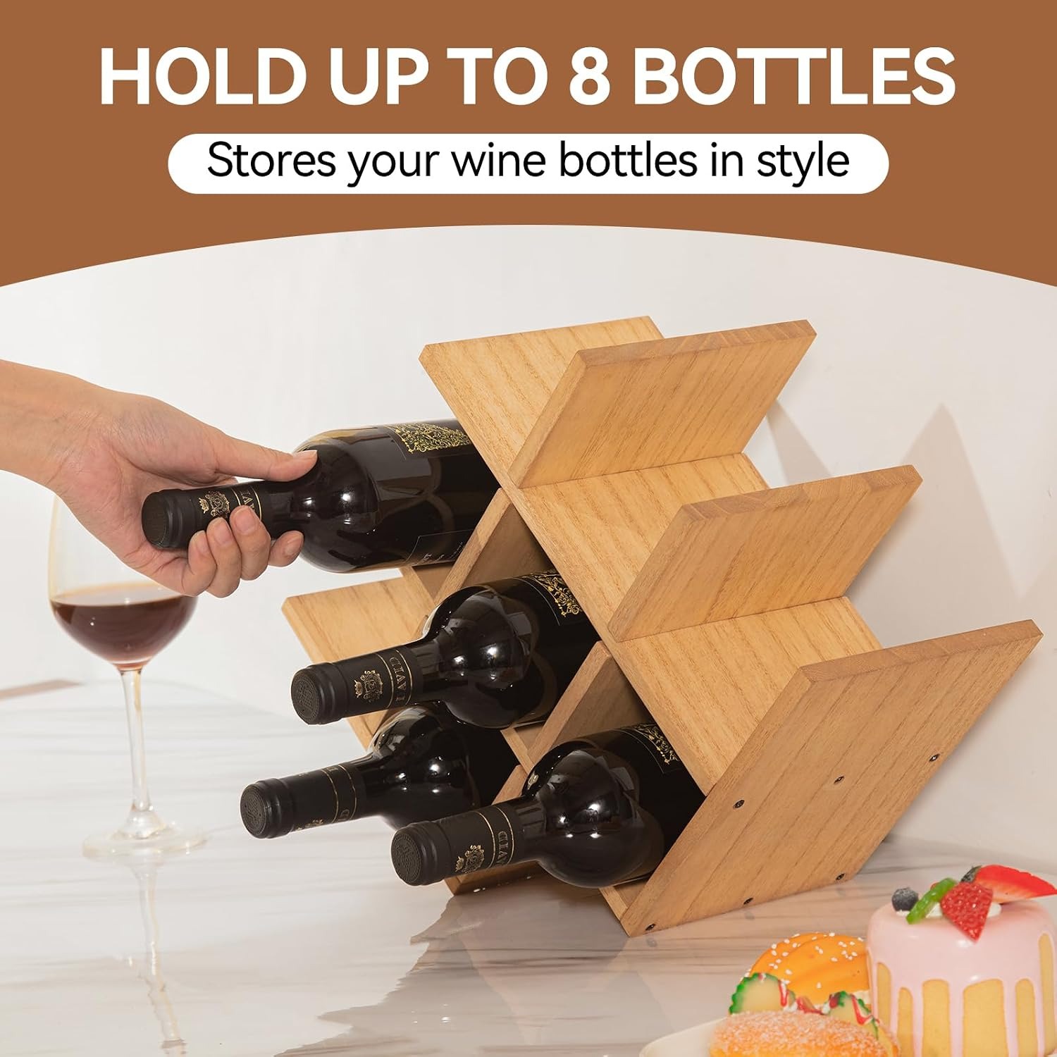 8 Bottle Wooden Wine Rack, 3-Tier Countertop Bottle Holder