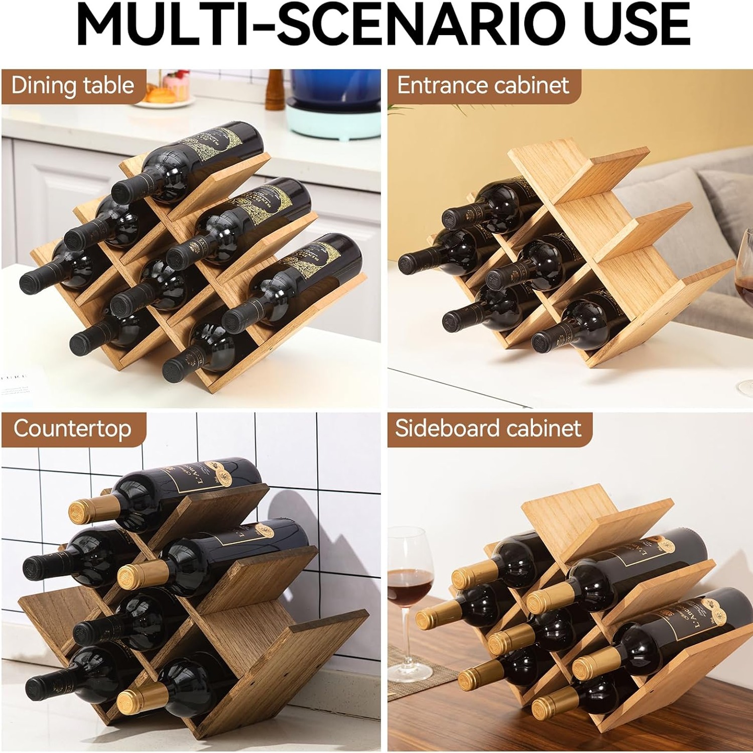 8 Bottle Wooden Wine Rack, 3-Tier Countertop Bottle Holder