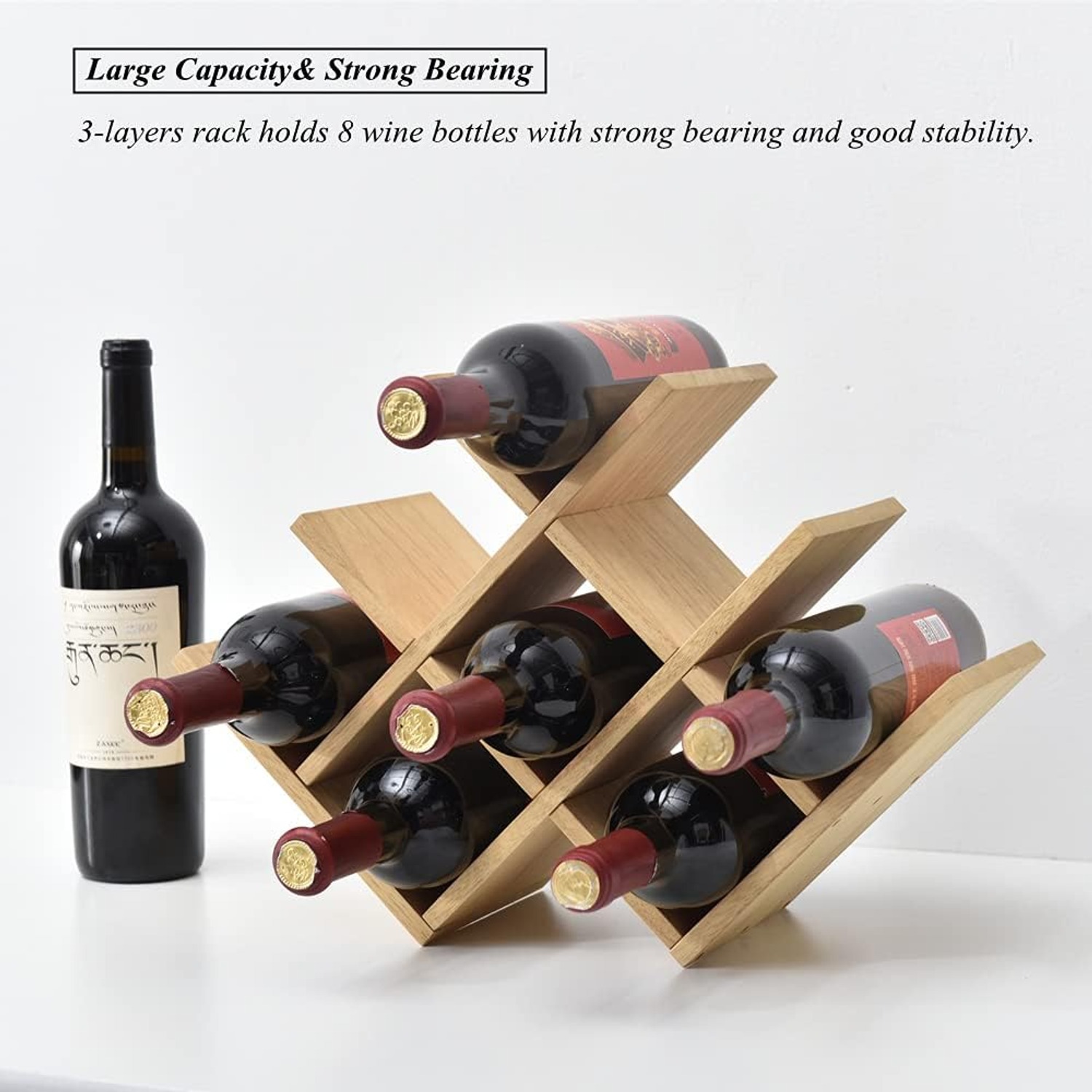 8 Bottle Wooden Wine Rack, 3-Tier Countertop Bottle Holder: image 9